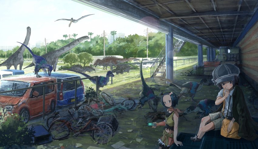 2girls acrocanthosaurus anachronism ari_hinoko bag bicycle black_eyes black_hair blurry broken_glass building car cellphone day deinonychus deko_(kamemaru) denim denim_skirt depth_of_field dinosaur feathers gastonia glass hair_ornament hat highres imouto_(kamemaru) index_finger_raised kerchief looking_at_viewer looking_to_the_side midriff motor_vehicle multiple_girls navel original outdoors palm_tree phone ponytail post-apocalypse pterosaur raptor ruins satchel sauropod scenery shade short_hair short_ponytail shorts shorts_under_skirt skirt sky stairs suspender_shorts suspenders tree utility_pole