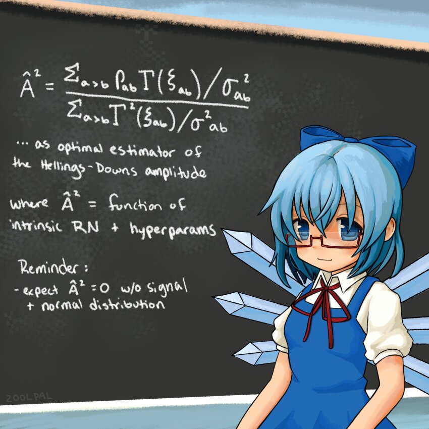 1girl absurdres bespectacled blue_bow blue_dress blue_eyes blue_hair bow breasts chalkboard cirno commentary dress english_text glasses hair_bow highres ice ice_wings math neck_ribbon puffy_short_sleeves puffy_sleeves ribbon semi-rimless_eyewear short_sleeves small_breasts smile solo touhou under-rim_eyewear upper_body wings zoolpal