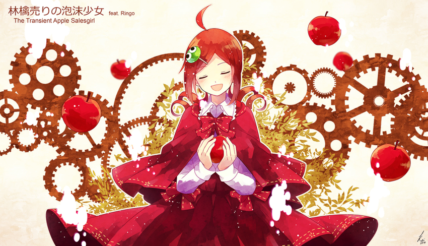 1girl ahoge alternate_costume andou_ringo apple bow character_hair_ornament closed_eyes compile dress drill_hair female_focus food fruit gears hair_ornament kei-chan_(atlas_kei) madou_monogatari name_connection object_namesake puyo_(puyopuyo) puyopuyo puyopuyo_7 red_dress red_hair shawl short_hair smile solo twin_drills twintails vocaloid