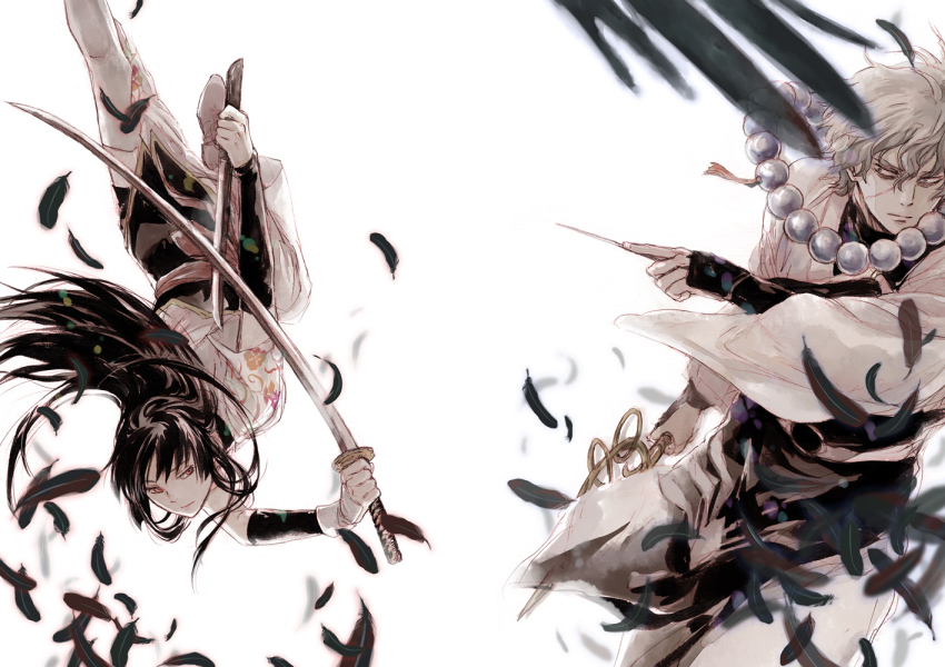 acaco beads bird black_hair crow falling_feathers feathers gintama grey_hair holding holding_sword holding_weapon imai_nobume japanese_clothes jewelry man_catcher necklace needle oboro_(gintama) prayer_beads red_eyes scar scar_on_face sword throwing_needles weapon white_background