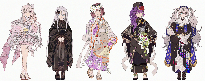 1other 25-ji_miku 25-ji_nightcord_de._(project_sekai) 4girls adapted_costume akiyama_mizuki asahina_mafuyu black_dress black_gloves black_hat black_kimono black_shoes blue_eyes blue_nails bow brown_eyes brown_hair brown_sandals closed_mouth crossed_legs dress floral_print flower flower_wreath frilled_dress frills fringe_trim gloves grey_background grey_bow grey_dress grey_hair hair_between_eyes hair_bow hair_flower hair_ornament hair_over_one_eye hakusai_(tiahszld) hand_up hat hatsune_miku head_wreath heterochromia high_heels highres index_finger_raised itsuka_zetsubou_no_soko_kara_(project_sekai) japanese_clothes kimono long_hair long_sleeves maigo_no_te_wo_hiku_sono_saki_wa_(project_sekai) mitasarenai_pale_color_(project_sekai) multiple_girls nail_polish obi own_hands_together pink_hair print_dress project_sekai purple_dress purple_eyes purple_hair red_eyes red_flower revision sandals sash secret_distance_(project_sekai) shinonome_ena shoes side_ponytail sidelocks simple_background sleeves_past_wrists smile standing twintails very_long_hair vocaloid wide_sleeves yoisaki_kanade