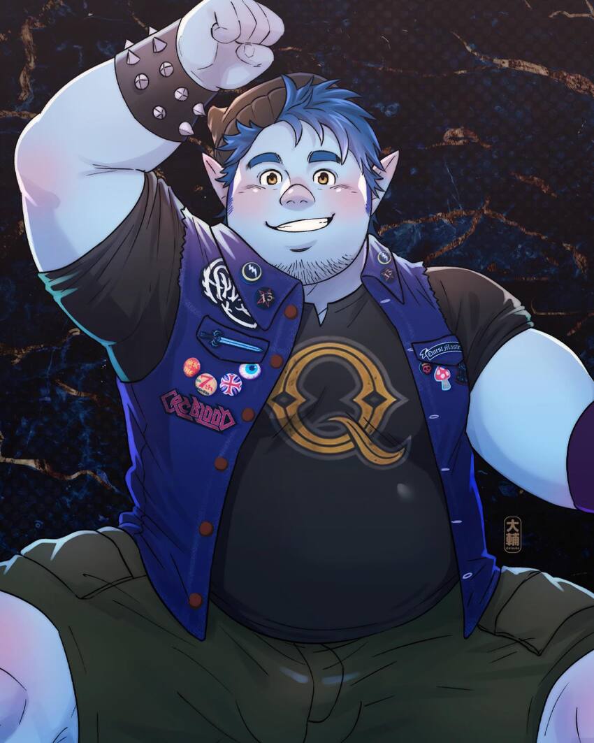 1boy arm_up bara barley_lightfoot belly blue_hair blue_skin blush bulge colored_skin daisukebear facial_hair fat fat_man feet_out_of_frame goatee_stubble highres large_pectorals looking_at_viewer lying male_focus mature_male on_back onward paid_reward_available pectorals pointy_ears short_hair solo spread_legs stubble thick_eyebrows
