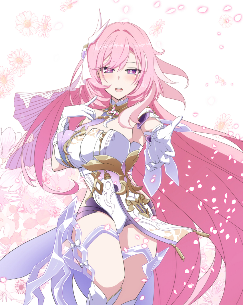 bare_shoulders black_shorts breasts commentary_request corset diamond-shaped_pupils diamond_(shape) elysia_(herrscher_of_human:_ego)_(honkai_impact) elysia_(honkai_impact) falling_petals floral_background gloves highres honkai_(series) honkai_impact_3rd large_breasts long_hair looking_at_viewer micro_shorts nabeiro_kin open_mouth petals pink_hair purple_eyes reaching reaching_towards_viewer shorts symbol-shaped_pupils teeth thigh_strap thighs triquetra upper_teeth_only veil very_long_hair white_corset white_gloves white_veil