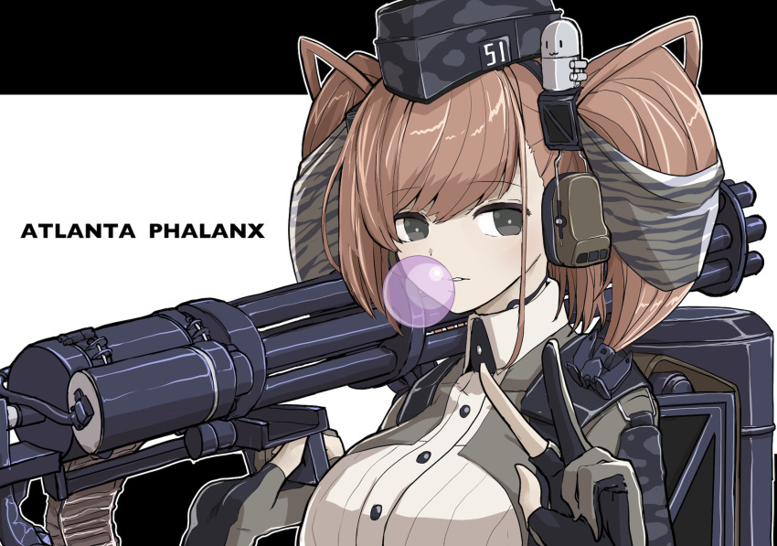 1girl alternate_costume anchor_hair_ornament anti-aircraft anti-aircraft_gun atlanta_(kancolle) autocannon black_hat boushi-ya breasts brown_hair cannon chewing_gum close-in_weapon_system commentary_request dress_shirt earrings electronic_firearm garrison_cap gatling_gun gloves grey_eyes hair_ornament hat headphones highres jewelry kantai_collection large_breasts long_hair long_sleeves m61_vulcan minigun multiple-barrel_gun partially_fingerless_gloves phalanx_ciws rotary_cannon shirt solo star_(symbol) star_earrings two_side_up white_gloves white_shirt