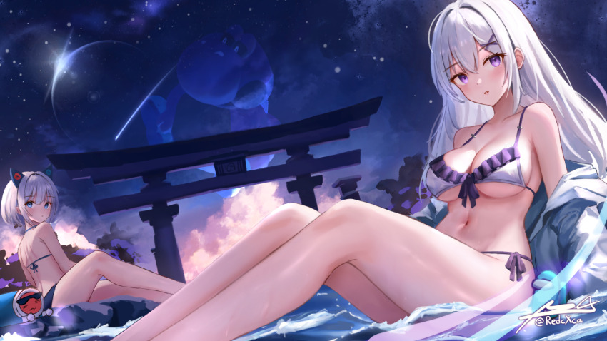2girls alisa_(osu!) among_us animal_ears baby_fat_(super_mario_rpg) bikini blue_(among_us) blue_eyes blush breasts chirou_(osu!) cleavage commentary english_commentary fake_animal_ears feet_out_of_frame frills halterneck highres jacket large_breasts legs long_hair looking_at_viewer mario_(series) multiple_girls navel night night_sky nintendo open_mouth osu! outdoors purple_eyes redcxca ribbon short_hair side-tie_bikini_bottom signature sitting sky sunglasses super_mario_rpg swimsuit taiko_no_tatsujin torii twitter_username water watermark white_hair yoshi
