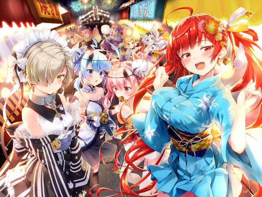 6+girls :d aerial_fireworks ahoge alternate_costume animal_ears animal_print azur_lane bare_shoulders black_bow blonde_hair blue_eyes blue_hair blue_kimono blush bow breasts cat_ears chain closed_mouth collar cygnet_(azur_lane) detached_sleeves eldridge_(azur_lane) fang festival fireworks floral_print food hair_between_eyes hair_bow hair_ornament hair_over_one_eye hair_ribbon hand_fan highres holding holding_fan holding_food honolulu_(among_the_stalls)_(azur_lane) honolulu_(azur_lane) horns ikazuchi_(azur_lane) ikazuchi_(thunderous_festival)_(azur_lane) inazuma_(azur_lane) inazuma_(flash_of_fireworks)_(azur_lane) japanese_clothes kimono lantern large_breasts long_hair long_sleeves looking_at_viewer maid_headdress mask mask_on_head medium_breasts moeki_yuuta mouth_hold multicolored_kimono multiple_girls night night_sky obi official_alternate_costume official_art oni_horns open_mouth paper_lantern pink_hair ponytail red_eyes red_hair ribbon saratoga_(azur_lane) sash sheffield_(a_moment&#039;s_respite)_(azur_lane) sheffield_(azur_lane) short_hair silver_hair sky small_breasts smile thighhighs twintails very_long_hair white_kimono white_legwear yellow_eyes yukata yukikaze_(azur_lane)