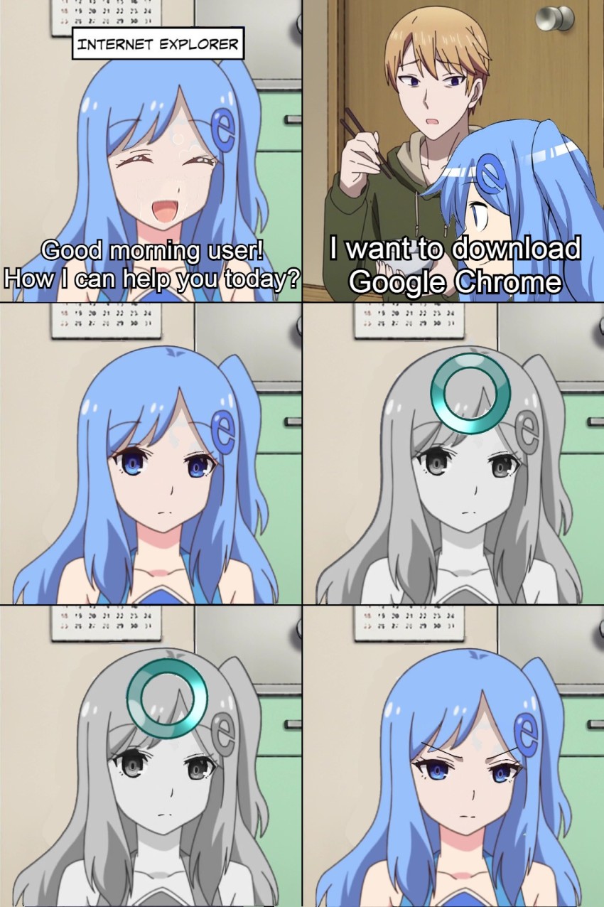 1boy 1girl angry blonde_hair blue_eyes blue_hair closed_mouth comic hair_ornament highres internet_explorer internet_explorer_(merryweather) internet_explorer_(webcomic) kaguya-sama_wa_kokurasetai_~tensai-tachi_no_renai_zunousen~ long_hair open_mouth parody personification shirogane_kei shirogane_miyuki short_hair side_ponytail smile third-party_edit v-shaped_eyebrows