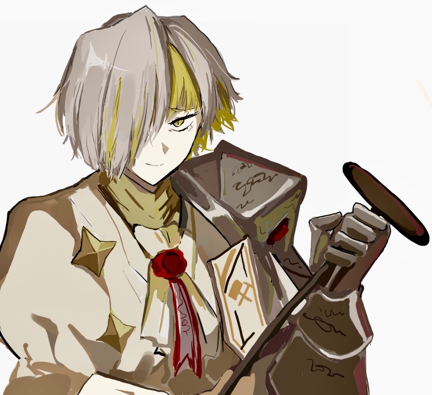 1girl blonde_hair collared_shirt gauntlets hair_over_one_eye highres holding holding_nail kromer_(project_moon) limbus_company long_sleeves looking_at_viewer multicolored_hair nail_(hardware) project_moon rai_(r2718281) shirt short_hair simple_background solo streaked_hair upper_body wax_seal white_background white_hair yellow_eyes
