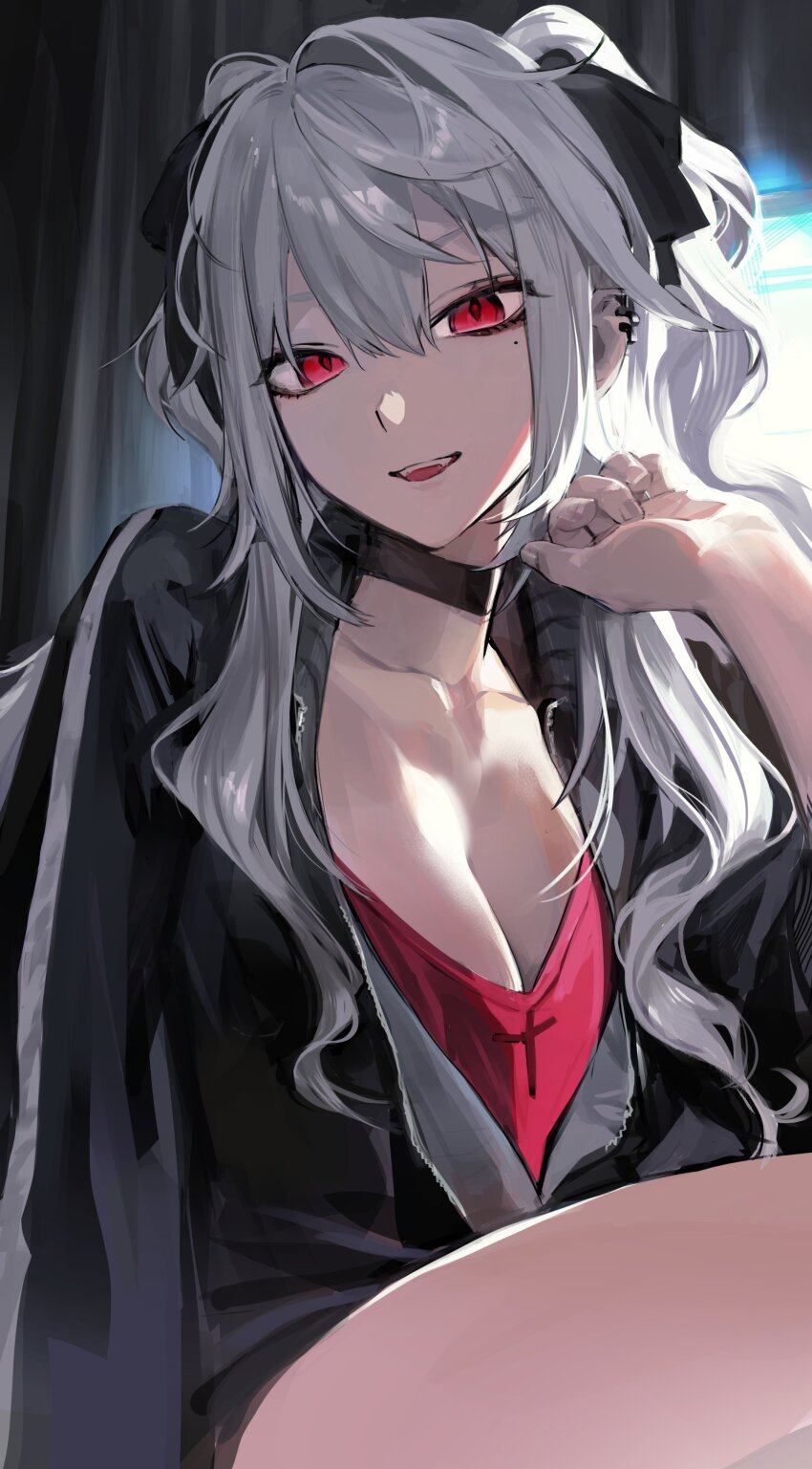 1girl absurdres backlighting black_choker black_jacket black_ribbon breasts choker cleavage collarbone cowboy_shot cross cross_print curtains ear_piercing fang genderswap genderswap_(mtf) hair_between_eyes hair_ribbon hand_up highres indoors jacket jewangchobab large_breasts long_hair long_sleeves looking_at_viewer mole mole_under_eye monitor nijisanji parted_lips partially_unzipped piercing pointy_ears red_eyes red_shirt ribbon sanya_(2nd_costume)_(kuzuha) sanya_(kuzuha) shirt sidelocks sitting sleeve_rolled_up solo track_jacket two_side_up v-neck virtual_youtuber wavy_hair white_hair