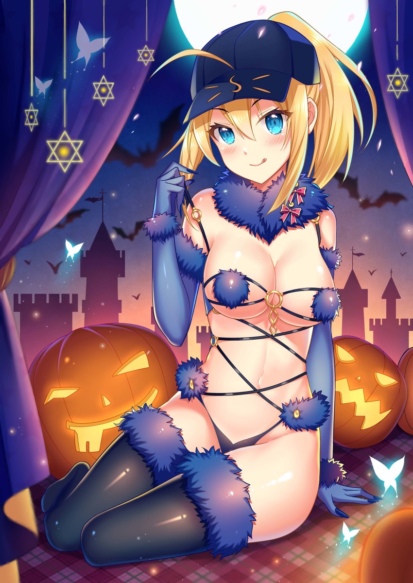 1girl :q absurdres ahoge arm_support artoria_pendragon_(fate) bare_shoulders baseball_cap bat_(animal) black_thighhighs blonde_hair blue_eyes breasts bug butterfly cleavage closed_mouth cosplay curtains elbow_gloves fate/grand_order fate_(series) female_focus full_moon fur_collar gloves hair_through_headwear hat hexagram highleg highres insect jack-o&#039;-lantern large_breasts long_hair looking_at_viewer mash_kyrielight mash_kyrielight_(dangerous_beast) mash_kyrielight_(dangerous_beast)_(cosplay) moon mysterious_heroine_x_(fate) navel official_alternate_costume ponytail pumpkin revealing_clothes rojiura_satsuki:_chapter_heroine_sanctuary sannio sidelocks sitting smile solo stomach strap_pull thighhighs thighs tongue tongue_out