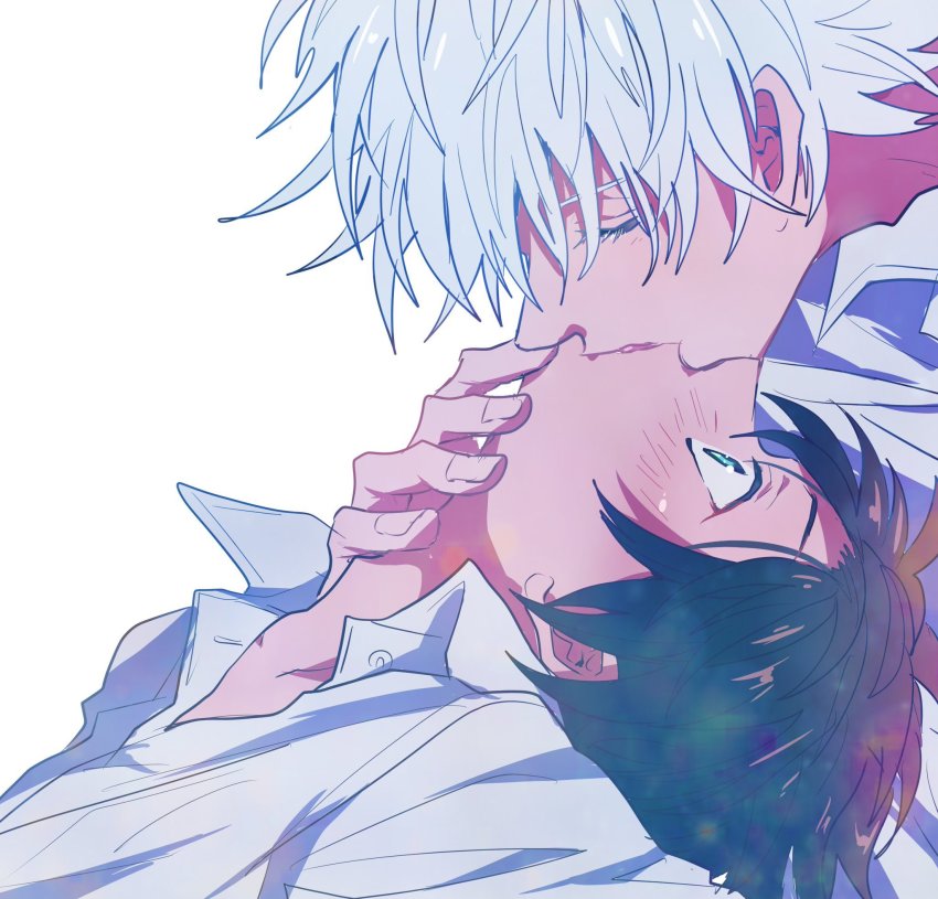 2boys blue_eyes blush coro_(leocorok) darren_shan closed_eyes highres kiss male_focus multiple_boys school_uniform short_hair steve_leonard the_saga_of_darren_shan white_hair yaoi