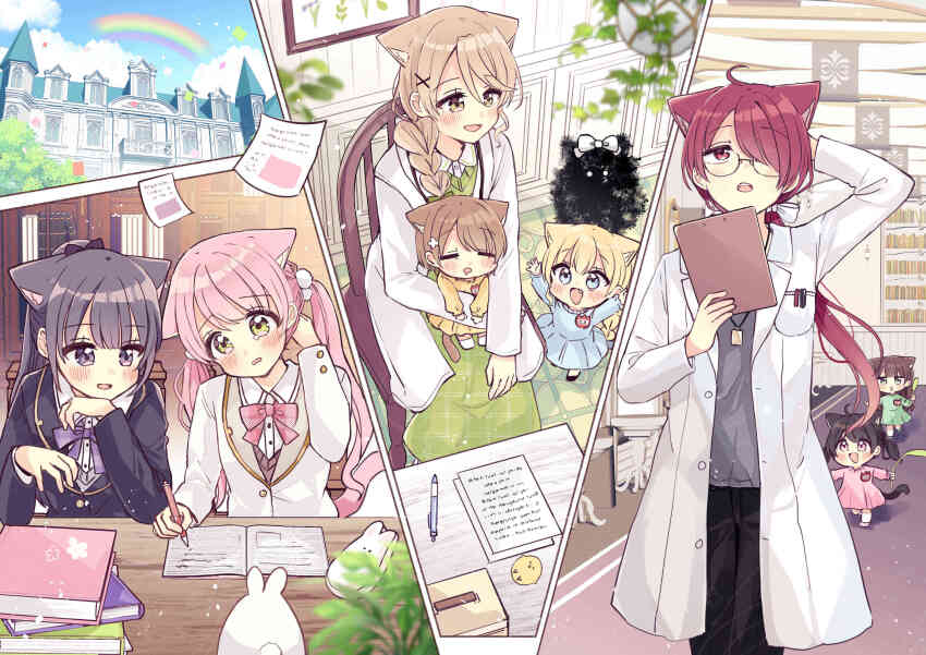 6+girls :d absurdres animal_ear_fluff animal_ears arms_up black_hair black_jacket black_pants blazer blonde_hair blue_sky blush book book_stack bow braid brown_eyes brown_hair building cat_ears cat_girl cat_tail closed_eyes cloud collared_shirt commentary_request dress dress_shirt drooling fang fushigi_na_neko_no_machi_meltier fuu_(fushigi_na_neko_no_machi_meltier) glasses green_dress green_eyes grey_shirt hair_over_one_eye hair_over_shoulder haru_(fushigi_na_neko_no_machi_meltier) head_tilt highres hime_(fushigi_na_neko_no_machi_meltier) holding holding_pen jacket lab_coat long_hair makia_(fushigi_na_neko_no_machi_meltier) mini_person minigirl moco_(fushigi_na_neko_no_machi_meltier) mouth_drool multiple_girls naa_(fushigi_na_neko_no_machi_meltier) nagi_(fushigi_na_neko_no_machi_meltier) open_clothes open_mouth pants parted_lips pen pink_bow plaid_bow ponytail purple_bow rainbow red_eyes red_hair rucora_(fushigi_na_neko_no_machi_meltier) sakura_oriko school_uniform shirt single_braid sky sleeping smile sweater_vest tail twintails very_long_hair white_jacket white_shirt window