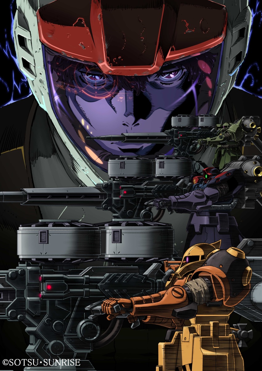 10s 1boy absurdres daryl_lorenz dom_(mobile_suit) gundam gundam_thunderbolt helmet highres mecha official_art reflection robot spacesuit weapon zaku_i zaku_ii