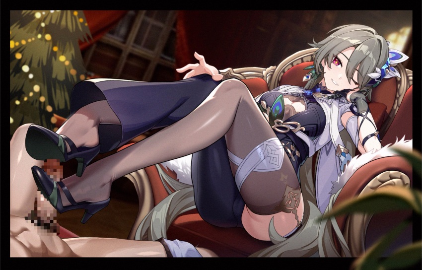 1boy 1girl absurdres asymmetrical_clothes black_gloves blue_footwear breasts brown_thighhighs censored christmas_tree cleavage_cutout clothing_cutout footjob garter_straps gloves grey_hair hair_between_eyes hand_on_own_knee hetero high_heels highres honkai_(series) honkai_impact_3rd huiqian indoors large_breasts long_hair mosaic_censoring one_eye_closed penis pink_eyes shoejob single_glove single_pantsleg single_thighhigh skindentation solo_focus thighhighs thighs very_long_hair vita_(honkai_impact) window yellow_pupils