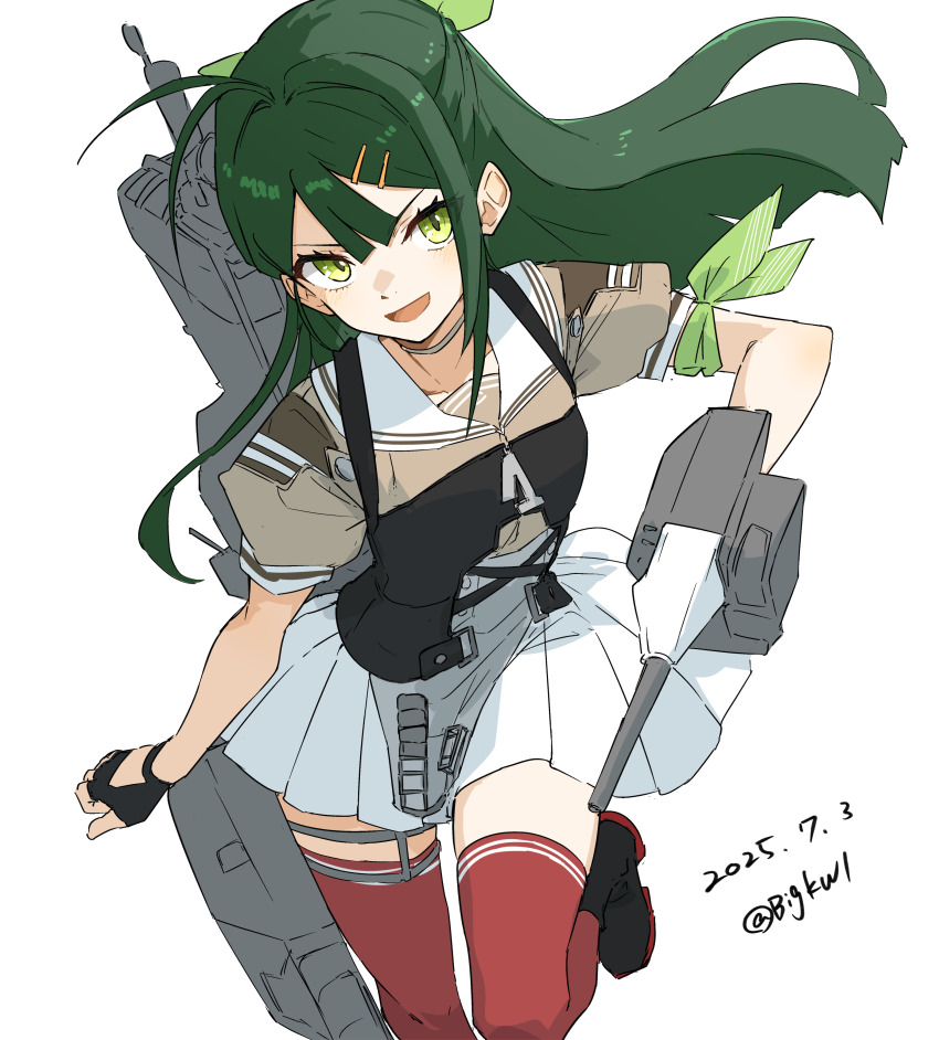 1girl absurdres adapted_turret ahoge antenna_hair apron bigkwl black_gloves cowboy_shot dated depth_charge dress fingerless_gloves gloves green_eyes green_hair grey_apron grey_overskirt hair_ornament hair_ribbon highres kantai_collection long_hair looking_at_viewer machinery pleated_skirt ribbon sailor_collar school_uniform serafuku shirt short_sleeves skirt smile solo sugi_(kancolle) thighhighs torpedo_launcher twitter_username