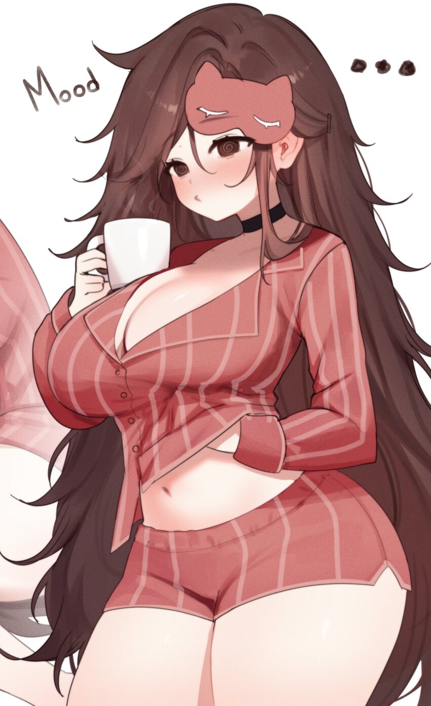1girl absurdres breasts brown_hair cleavage cosplay highres indie_virtual_youtuber large_breasts long_hair long_sleeves messy_hair miside mita_(miside) pajamas red_pajamas red_shorts shorts simple_background sky_above_me sky_above_me_(vtuber) sleep_mask sleepy_mita_(miside) sleepy_mita_(miside)_cosplay striped_clothes striped_pajamas thick_thighs thighs vertical-striped_clothes vertical-striped_pajamas very_long_hair virtual_youtuber white_background