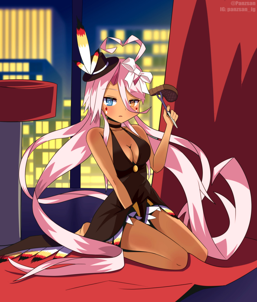 1girl absurdres ahoge azur_lane black_dress black_hat blue_eyes breasts carving_fork cleavage closed_mouth commentary covered_mouth dark-skinned_female dark_skin dress english_commentary expressionless facepaint feather-trimmed_dress food fork full_body hair_between_eyes hat heart heart_ahoge heterochromia highres holding holding_fork horns indianapolis_(azur_lane) indianapolis_(the_light_of_circle_city)_(azur_lane) indoors long_hair looking_at_viewer medium_breasts night official_alternate_costume panzsan pink_hair pink_horns sleeveless sleeveless_dress solo steak top_hat twintails very_long_hair window yellow_eyes