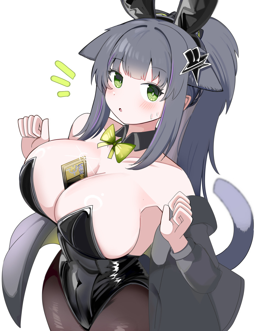 1girl :o absurdres animal_ears arknights bare_shoulders between_breasts black_hair black_hairband black_leotard blush breasts brown_pantyhose cat_ears cat_girl cat_tail cleavage commentary fake_animal_ears glint green_eyes grey_jacket hairband highres jacket jessica_(arknights) jessica_the_liberated_(arknights) large_breasts leotard long_hair looking_at_viewer multicolored_hair off_shoulder open_clothes open_jacket pantyhose parted_lips ponytail purple_hair rabbit_ears simple_background solo spam_(spamham4506) strapless strapless_leotard streaked_hair sweat tail very_long_hair white_background