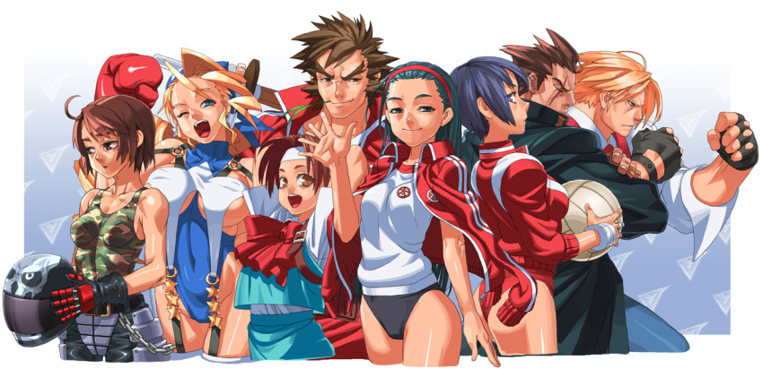 3boys 5girls ayuhara_natsu ball black_eyes black_hair blonde_hair blue_eyes bow bowtie boxing_gloves brown_eyes brown_hair buruma capcom chain coat fighting_stance fingerless_gloves gloves green_eyes helmet iinchou_(justice_gakuen) justice_gakuen kazama_akira kazama_daigo leotard motorcycle_helmet multiple_boys multiple_girls nekketsu_hayato one_eye_closed open_mouth purple_hair roy_bromwell scar sleeves_pushed_up smile star_(symbol) takoyaki_neko-san tiffany_lords track_suit volleyball volleyball_(object) wakaba_hinata