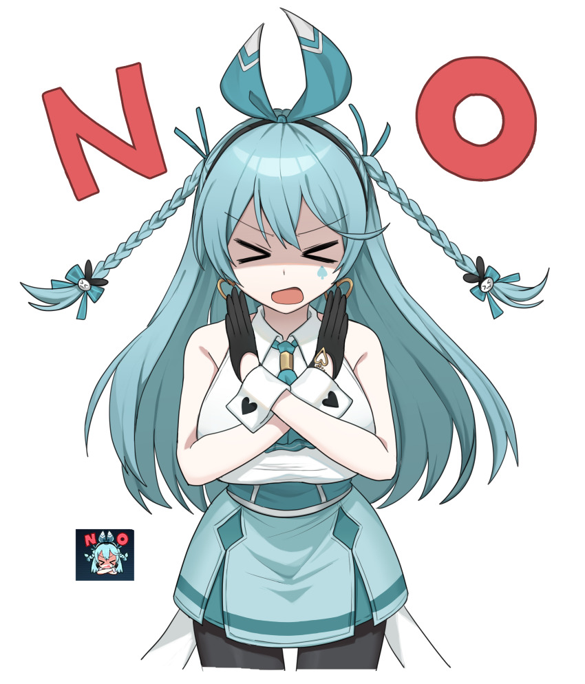 &gt;_&lt; 1girl absurdres bad_id bad_pixiv_id bare_shoulders black_gloves black_pantyhose black_survival blouse blue_hair blue_skirt braid breasts closed_eyes collared_shirt emma_hardy eternal_return:_black_survival facing_viewer gloves hair_ribbon highres large_breasts lix_(iroiro3843) long_hair miniskirt open_mouth pantyhose ribbon shaded_face shirt skirt sleeveless sleeveless_shirt solo twin_braids two_side_up white_shirt wrist_cuffs