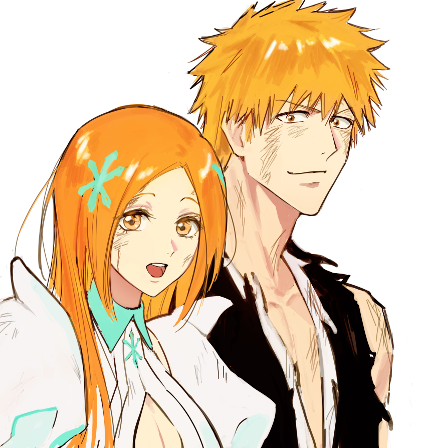 1boy 1girl 22nae2 absurdres battle_damage black_kimono bleach bleach:_sennen_kessen-hen blonde_hair breasts cleavage cleavage_cutout closed_mouth clothing_cutout couple dirty dirty_clothes dirty_face hair_between_eyes hair_ornament hetero highres inoue_orihime jacket japanese_clothes kimono kurosaki_ichigo long_hair long_sleeves medium_breasts open_mouth orange_eyes orange_hair parted_bangs puffy_short_sleeves puffy_sleeves shihakusho short_hair short_sleeves smile snowflake_hair_ornament spiked_hair spikes torn_clothes true_zangetsu_(shikai) upper_body white_background white_jacket