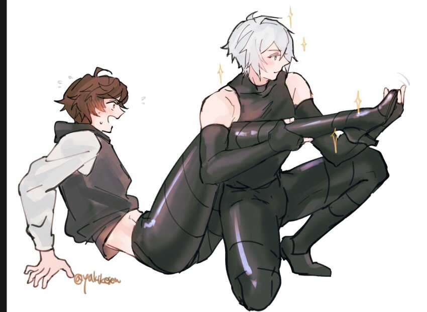 2boys ahoge blue_eyes blush boots brown_hair clothes_lift elbow_gloves flying_sweatdrops full-face_blush full_body gloves granblue_fantasy hair_between_eyes hand_on_another&#039;s_leg high_heel_boots high_heels holding_leg hood hood_down leather leather_boots leather_gloves leather_pants leg_focus leg_up lucifer_(shingeki_no_bahamut) lying male_focus messy_hair multiple_boys on_back on_one_knee pants red_eyes sandalphon_(granblue_fantasy) shirt_lift short_hair signature sleeveless sleeveless_turtleneck smile sparkle turtleneck white_hair wide-eyed yakikesen yaoi