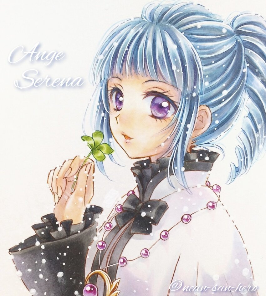 1girl ange_serena blue_hair clover curly_hair drill_hair four-leaf_clover herohero high_ponytail highres jewelry marker_(medium) open_mouth ponytail purple_eyes sign signature smile tales_of_(series) tales_of_innocence traditional_media twitter_username white_background