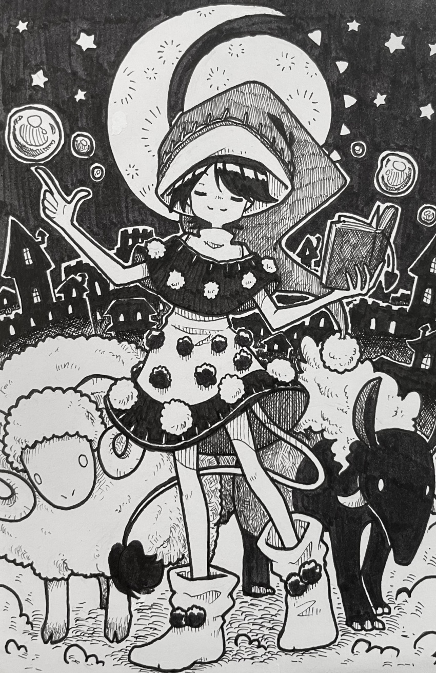 1girl absurdres baku_(creature) blob book boots closed_eyes closed_mouth commentary_request doremy_sweet dream_soul facing_viewer greyscale hat highres holding holding_book horns monochrome nightcap open_book pom_pom_(clothes) sheep smile solo suteruko tail tapir_tail touhou traditional_media