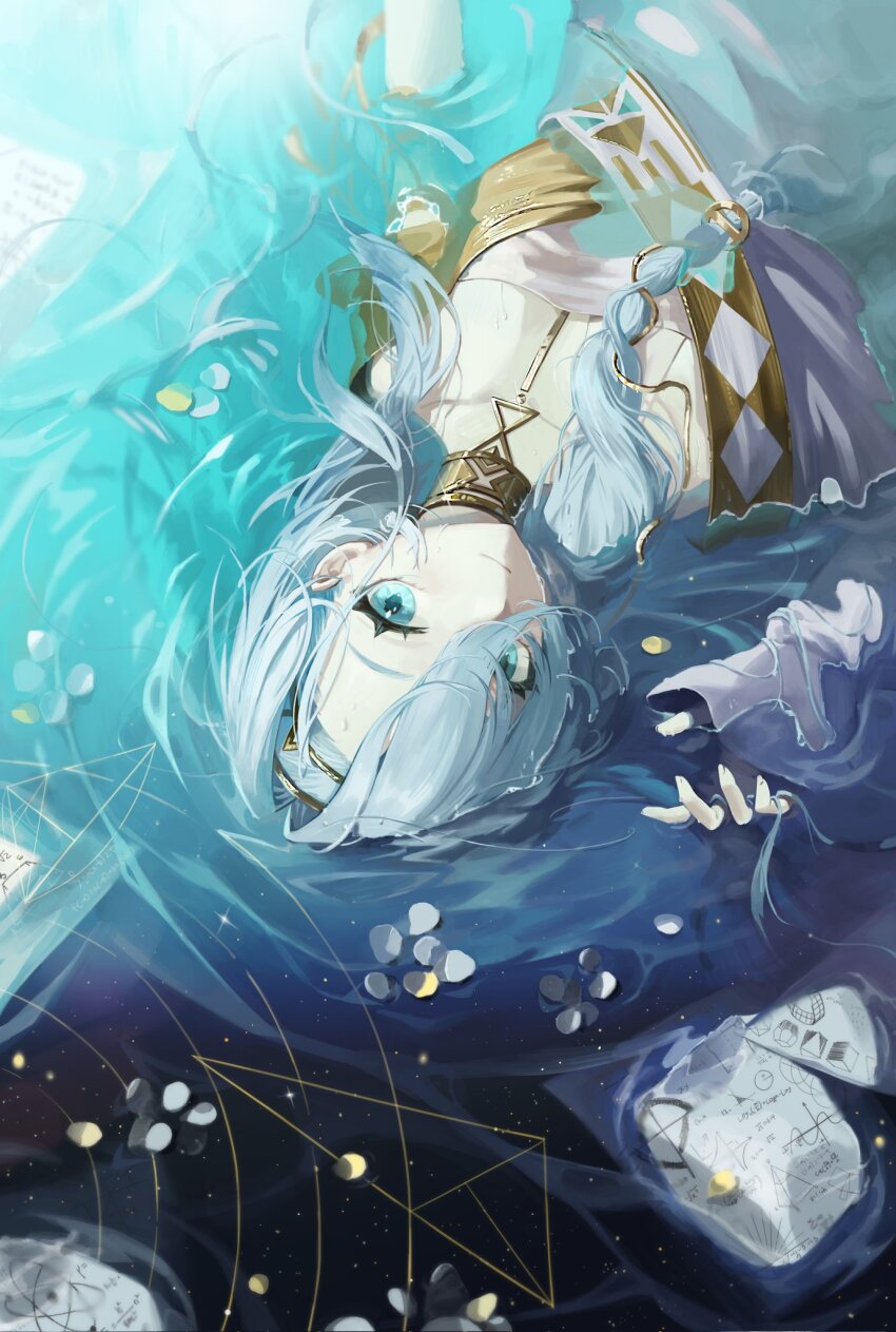 1girl 37_(reverse:1999) ancient_greek_clothes atom blue_eyes blue_hair dangoose equation geometry gold_choker greco-roman_clothes hair_between_eyes hand_up highres long_hair looking_at_viewer lying math on_back paper partially_submerged petals petals_on_liquid reflection reflective_water reverse:1999 sky solo star_(sky) starry_sky toga triangle upper_body upside-down water