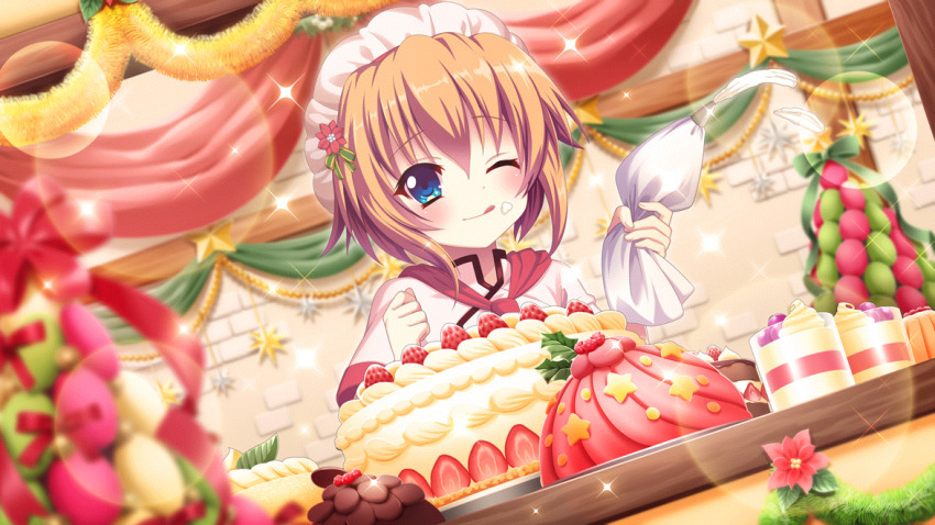 1girl baking blue_eyes brick_wall cake chocolate clenched_hand costume_request cream cream_on_face dot_nose dutch_angle film_grain flower food food_on_face food_request game_cg green_ribbon hair_between_eyes hair_ornament headdress holding holding_pastry_bag izumi_tsubasu lens_flare licking_lips non-web_source object_request official_art one_eye_closed orange_hair pastry_bag re:stage! red_flower red_ribbon ribbon shikimiya_mana short_hair short_sleeves smile solo sparkle squeezing star_(symbol) strawberry_cake tinsel tongue tongue_out wooden_beam