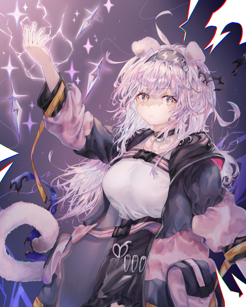 1girl 414_(hncx3355) absurdres ahoge animal_ears arknights arm_up black_hairband black_jacket black_skirt breasts brown_eyes cat_ears cat_girl cat_tail commentary_request electricity goldenglow_(arknights) hair_between_eyes hairband highres jacket lightning_bolt_print long_hair long_sleeves looking_at_viewer medium_breasts object_in_pocket open_clothes open_jacket pink_hair pocket print_hairband puffy_long_sleeves puffy_sleeves safety_pin scissors shirt skirt solo tail v-shaped_eyebrows very_long_hair white_shirt