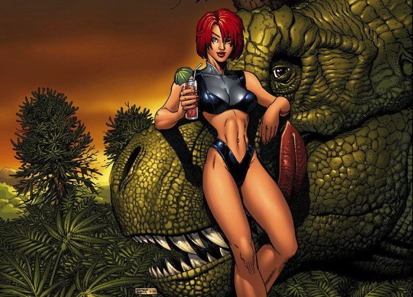 1girl abs adapted_costume arthur_adams artist_name bare_shoulders black_panties black_shirt bob_cut breasts brown_eyes cleavage cocktail_umbrella cup dated dino_crisis dinosaur drink drinking_glass drinking_straw dusk feet_out_of_frame fern grey_shirt groin highleg highleg_panties holding holding_cup holding_drink impossible_clothes impossible_shirt layered_shirt leaning light_smile lipstick looking_at_viewer makeup mandarin_collar medium_breasts midriff mountainous_horizon nail_polish narrow_waist navel official_art orange_sky outdoors panties promotional_art red_hair red_lips red_nails regina_(dino_crisis) second-party_source sharp_teeth shiny_clothes shirt short_hair signature sky sleeveless sleeveless_shirt solo teeth textless_version tight_clothes tight_shirt toned toned_female tongue tongue_out tree tyrannosaurus_rex underwear