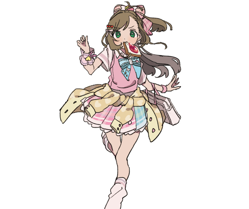 1girl ahoge asymmetrical_bangs bag blue_bow blue_bowtie blush bow bowtie bracelet bread bread_slice brown_hair cardigan cardigan_around_waist clothes_around_waist commentary_request floating_hair food food_in_mouth foot_out_of_frame green_eyes hair_bow hair_ornament half_updo heart heart_hair_ornament highres idolmaster idolmaster_cinderella_girls jam jewelry late_for_school leg_warmers long_hair looking_at_viewer pink_bow pink_skirt pink_sweater_vest plaid_clothes plaid_skirt pleated_skirt ponytail running sato_shin school_bag shirt short_ponytail short_sleeves shoulder_bag simple_background single_wrist_cuff skirt solo standing standing_on_one_leg sweater_vest v-shaped_eyebrows white_background white_shirt wrist_cuffs yawarakai_inu yellow_cardigan