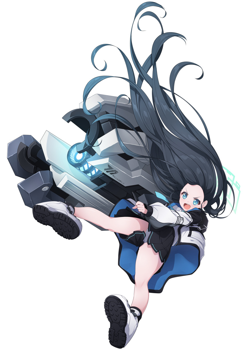 1girl :d absurdres aris_(blue_archive) black_hair black_skirt black_socks blue_archive blue_eyes blue_necktie commentary_request forehead full_body gun highres holding holding_gun holding_weapon jacket koflif long_hair long_sleeves necktie open_mouth panties pleated_skirt puffy_long_sleeves puffy_sleeves railgun shirt shoe_soles shoes simple_background skirt smile socks solo underwear upskirt v-shaped_eyebrows very_long_hair weapon white_background white_jacket white_panties white_shirt white_shoes