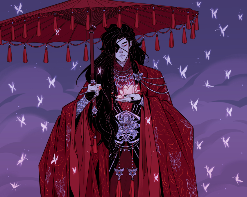 1boy absurdres animal_print beads black_hair bracer braid bug butterfly butterfly_ornament butterfly_print chinese_clothes closed_eyes closed_mouth cowboy_shot dim_lighting eyeliner eyepatch flower fmd fog glowing_butterfly hair_beads hair_ornament hanfu highres holding holding_flower holding_umbrella hua_cheng insect layered_sleeves long_hair long_sleeves lotus makeup male_focus oil-paper_umbrella ornate_clothes pink_flower pointy_ears purple_background red_eyeliner red_hanfu red_robe red_umbrella robe side_braid silver_belt silver_chain silver_necklace solo standing string string_around_finger string_of_fate tassel tianguan_cifu umbrella very_long_hair white_butterfly wide_sleeves