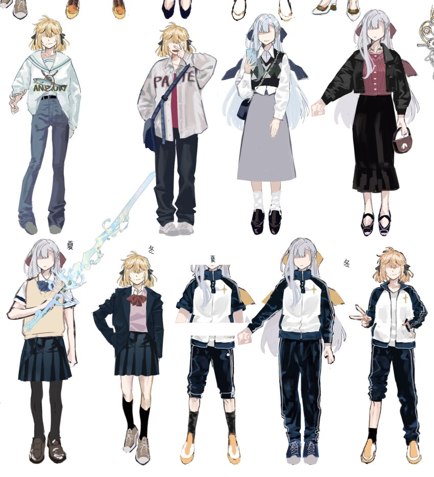 2girls anisphia_wynn_palettia bag black_jacket black_pants black_ribbon black_shoes black_skirt blonde_hair blue_bow blue_bowtie blue_pants blue_ribbon blue_shoes bow bowtie brown_shoes cellphone closed_mouth commentary_request contemporary denim euphyllia_magenta fashion grey_skirt hair_ribbon handbag high_heels highres holding holding_phone holding_sword holding_weapon jacket jeans koyomania medium_hair multiple_girls no_eyes open_mouth pants pants_rolled_up phone pink_sweater red_bow red_bowtie red_ribbon red_shirt ribbon satchel school_uniform selfie shirt shoes shoulder_bag simple_background skirt smartphone smile sweater sword taking_picture tensei_oujo_to_tensai_reijou_no_mahou_kakumei track_jacket v weapon white_background white_jacket white_shirt white_shoes yellow_shoes yellow_sweater