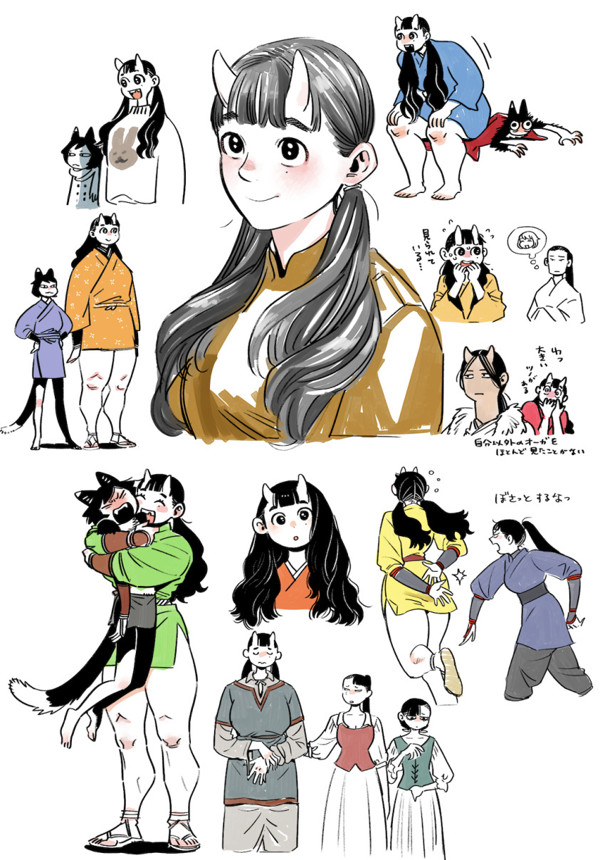 2boys 4girls :3 :d :o animal_ears arm_guards arms_at_sides arms_behind_back asymmetrical_bangs bare_arms barefoot benichidori black_fur black_hair blanket blue_kimono blunt_bangs body_fur breasts cameo cat_ears cat_girl cat_tail chipped_tooth closed_eyes closed_mouth coat comforting covering_own_mouth cropped_torso curious dress dungeon_meshi excited extra facing_away facing_viewer falin_touden falin_touden_(tallman) floral_print flying_sweatdrops furrowed_brow green_kimono grey_hair grey_pants hair_down hair_over_shoulder hands_on_own_hips hands_up height_difference hien highres horns hug inutade izutsumi japanese_clothes kimono kui_ryouko layered_sleeves legs_apart long_hair long_sleeves looking_at_another low_twintails lying medium_breasts mole mole_under_eye multiple_boys multiple_girls multiple_views on_stomach oni oni_horns open_mouth orange_kimono pants patting_back ponytail print_sweater purple_kimono red_kimono sandals scared scarf short_hair short_kimono short_over_long_sleeves short_sleeves shurou side-by-side sideways_glance simple_background sitting sitting_on_person slapping smile smug speech_bubble standing surprised sweater tail thick_thighs thighs thought_bubble turtleneck turtleneck_sweater twintails under_covers updo vest w_arms white_background wide-eyed zouri