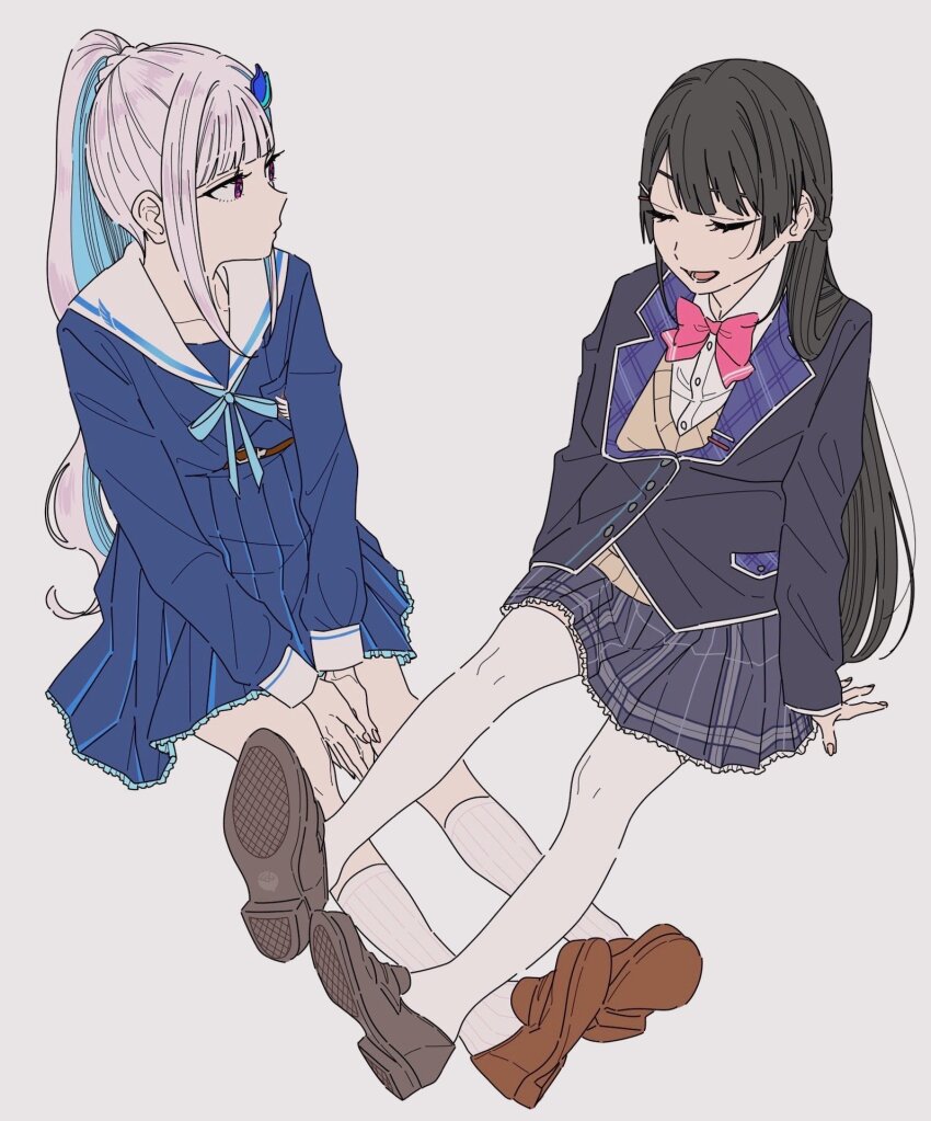 2girls belt black_hair black_jacket blue_hair blue_serafuku blue_shirt blue_skirt bow bowtie braid brown_cardigan cardigan closed_eyes closed_mouth collared_shirt colored_inner_hair half_up_braid highres jacket kamatama_rom kneehighs lapels lize_helesta lize_helesta_(4th_costume) loafers long_hair long_sleeves looking_at_another miniskirt multicolored_hair multiple_girls nijisanji open_mouth pink_bow pink_bowtie plaid_clothes plaid_skirt pleated_skirt ponytail ponytail_with_braided_base sailor_collar school_uniform serafuku shirt shoes simple_background sitting skirt smile socks thighhighs tsukino_mito tsukino_mito_(1st_costume) two-tone_hair virtual_youtuber white_background white_hair white_sailor_collar white_shirt white_socks white_thighhighs
