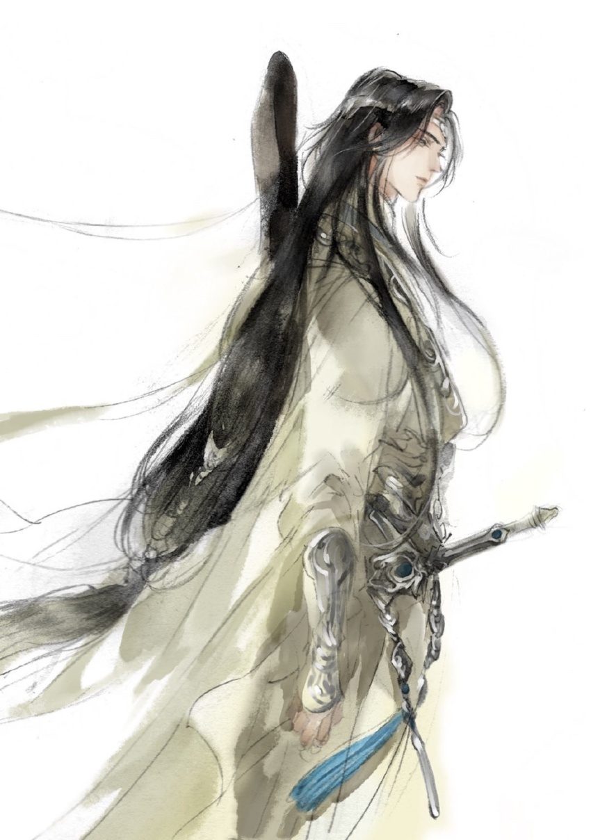 1boy black_hair chinese_clothes closed_mouth faux_traditional_media from_side guqin hanfu headband highres ink_wash_painting instrument_on_back kcllzas163 lan_wangji long_hair long_sleeves low-tied_long_hair male_focus modao_zushi profile robe sheath sheathed simple_background solo standing sword sword_tassel tassel third-party_source very_long_hair weapon white_background white_hanfu white_headband wide_sleeves yellow_eyes