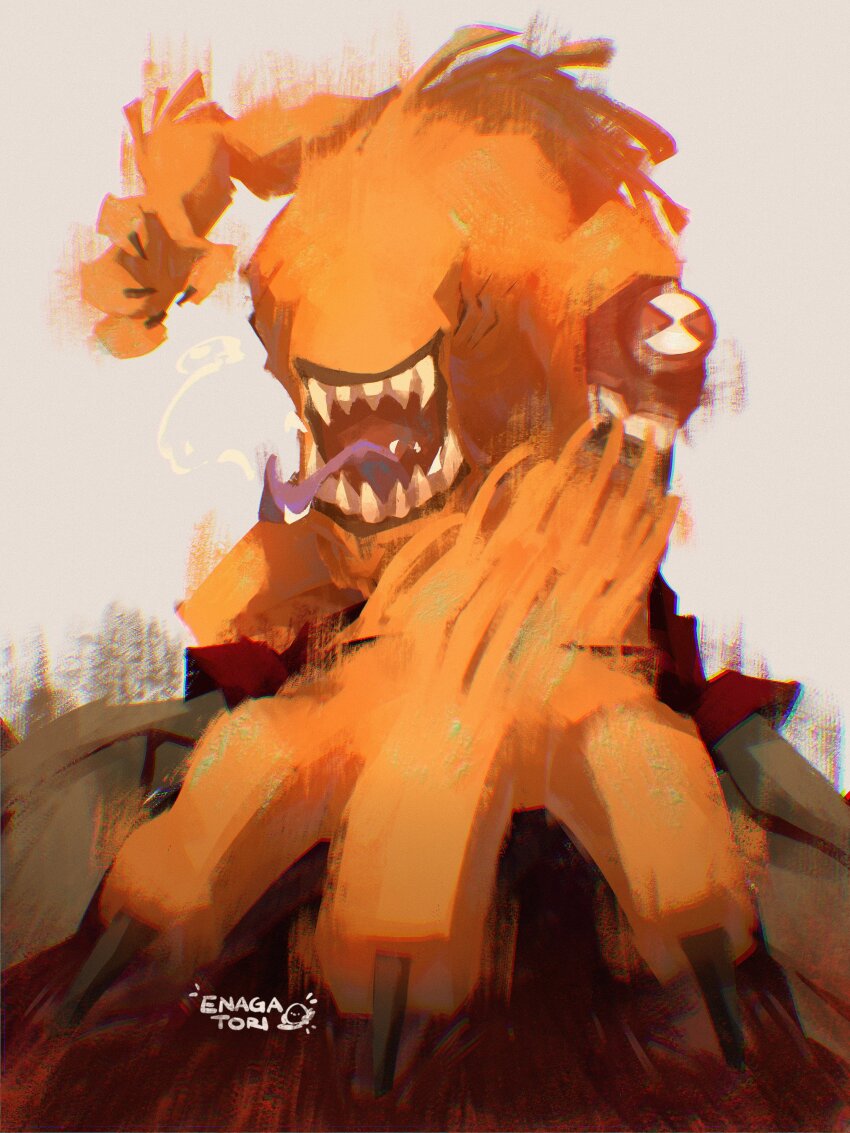 1boy absurdres alien ben_10 chromatic_aberration claws colored_tongue enagatori_38 fangs highres long_tongue monster no_eyes no_humans omnitrix open_mouth orange_fur purple_tongue sharp_teeth signature solo teeth tongue tongue_out wildmutt
