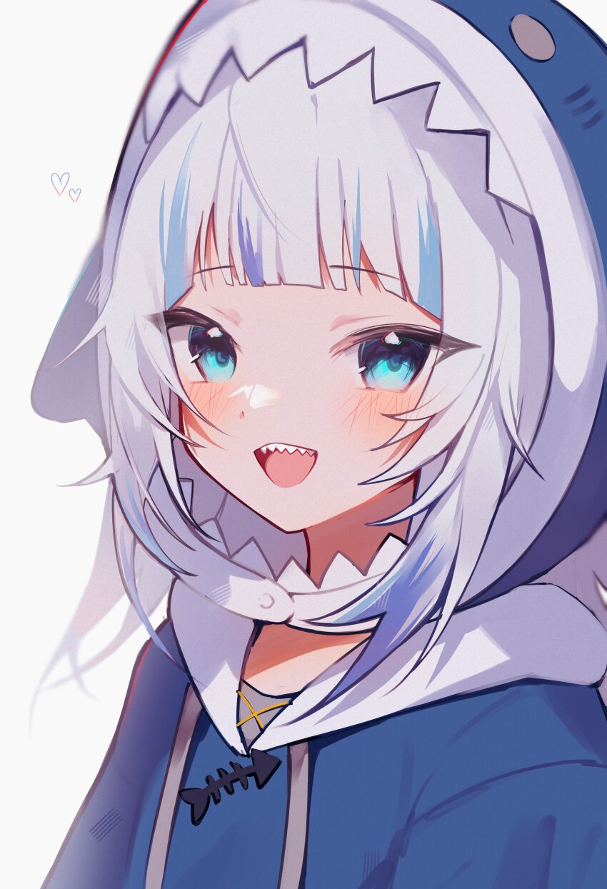 1girl absurdres animal_hood blue_eyes blue_hair blue_hoodie blush commentary english_commentary gawr_gura heart highres hololive hololive_english hood hoodie long_hair looking_at_viewer meiwowowo multicolored_hair open_mouth shark_girl shark_hood sharp_teeth simple_background smile solo streaked_hair teeth upper_teeth_only virtual_youtuber white_background white_hair