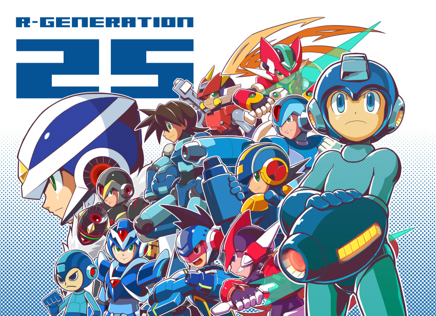 6+boys absurdres aile_(mega_man_zx) android anniversary arm_cannon blonde_hair blue_eyes blue_helmet character_request commentary_request energy_sword geo_stelar_(mega_man) grey_(mega_man) head-mounted_display helmet hi-go! highres holding holding_sword holding_weapon long_hair mega_man_(character) mega_man_(classic) mega_man_(series) mega_man_battle_network_(series) mega_man_legends_(series) mega_man_star_force_(series) mega_man_volnutt mega_man_x_(series) mega_man_zero_(series) mega_man_zx mega_man_zx_advent megaman.exe model_a_(mega_man) model_zx_(mega_man) multiple_boys netnavi over-1_(mega_man) red_helmet robot rockman_xover star_force_mega_man sword weapon x_(mega_man) z_saber zero(z)_(mega_man) zero_(mega_man)