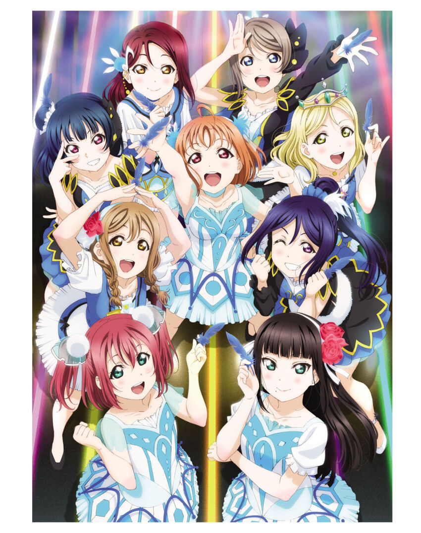 6+girls :d artbook black_hair blonde_hair blue_dress blue_eyes blue_feathers blue_hair braid brown_hair collarbone dress feather_hair_ornament feathers flower grey_hair grin hair_bun hair_flower hair_ornament highres kunikida_hanamaru kurosawa_dia kurosawa_ruby long_hair looking_at_viewer love_live! love_live!_sunshine!! matsuura_kanan mole mole_under_mouth multiple_girls non-web_source official_alternate_costume official_art ohara_mari one_eye_closed open_mouth orange_hair purple_eyes purple_hair red_eyes red_hair sakurauchi_riko short_hair smile takami_chika tsushima_yoshiko twin_braids watanabe_you water_blue_new_world yellow_eyes