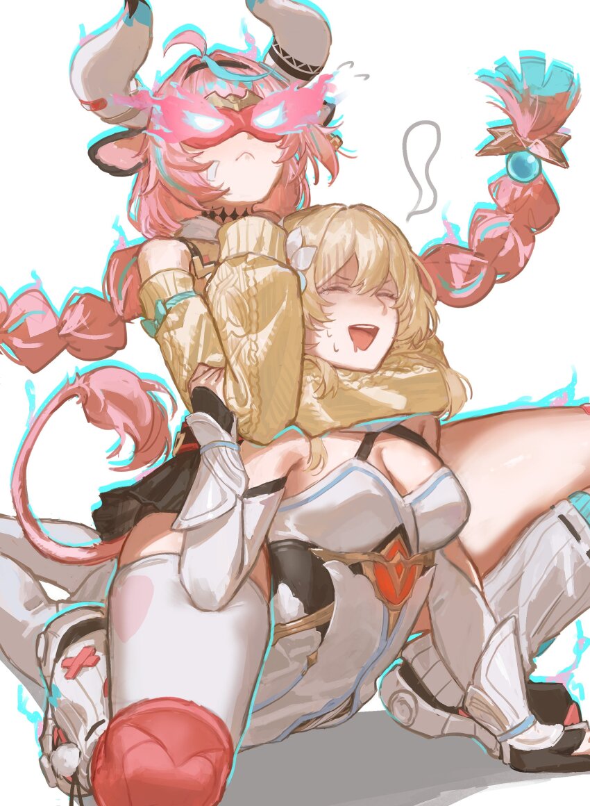 2girls absurdres ahoge animal_ears aqua_hair blonde_hair braid breasts choke_hold cleavage closed_eyes cow_ears cow_girl cow_horns flower genshin_impact hair_between_eyes hair_flower hair_ornament headlock highres horns long_hair lumine_(genshin_impact) mask matuka10101 multicolored_hair multiple_girls open_mouth pink_hair purple_eyes short_hair_with_long_locks strangling streaked_hair submission_hold tail teeth twin_braids upper_teeth_only varesa_(genshin_impact) wrestling wrestling_mask