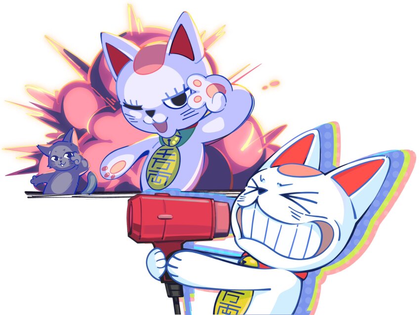 :3 animal animal_ears bell cat cat_ears cat_tail chinese_commentary closed_eyes commentary_request dandadan drop_shadow explosion_gag grey_cat grey_fur hair_dryer highres holding holding_hair_dryer looking_at_viewer multiple_views neck_bell one_eye_closed open_mouth procreate_(medium) tail teeth turbo_granny_(dandadan) upper_body v zerogorgeth