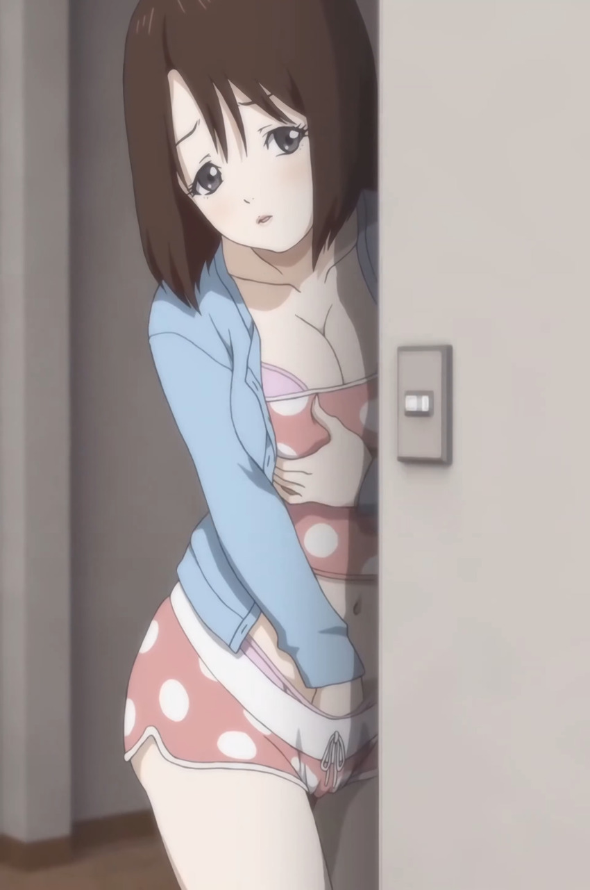 1girl absurdres aneki_no_kounai_kaikinbi blush bra bra_peek breasts brown_hair cleavage flustered grabbing_own_breast grey_eyes half-closed_eyes highres hirose_anna in_heat jacket large_breasts legs looking_at_viewer masturbation midriff navel open_clothes open_jacket panties_under_shorts parted_lips pink_lips short_hair shorts solo stitched thighs third-party_edit tongue underwear