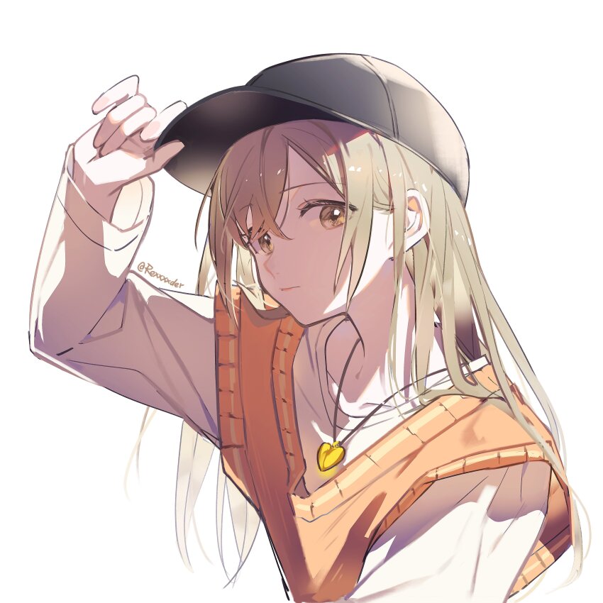 1girl absurdres alternate_hair_length alternate_hairstyle azusawa_kohane baseball_cap black_hat brown_eyes brown_hair chinese_commentary closed_mouth commentary_request hair_down hat highres jewelry jingzhaowhale long_hair long_sleeves looking_at_viewer necklace orange_sweater_vest project_sekai simple_background solo sweater_vest twitter_username upper_body white_background