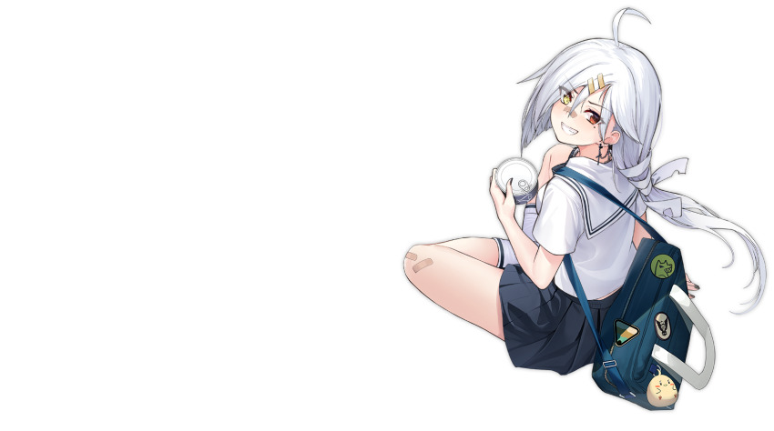 1girl ahoge azur_lane bag bandaid bandaid_on_face bandaid_on_knee bandaid_on_leg bandaid_on_nose black_skirt can chain chain_earrings downes_(azur_lane) downes_(part-time_bomber)_(azur_lane) ear_chain earrings from_above grin hair_ornament hair_ribbon hairclip heterochromia highres jewelry linked_piercing looking_at_viewer looking_back manjuu_(azur_lane) mole mole_under_eye official_alternate_costume official_art ootsuki_momiji pleated_skirt red_eyes ribbon school_bag school_uniform serafuku shirt sitting skirt smile solo transparent_background white_hair white_shirt yellow_eyes