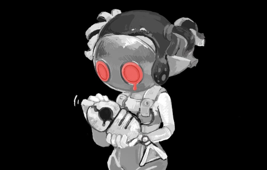 1girl black_background bodysuit colored_skin commentary_request fish_skeleton grey_skin highres jelleton mask nintendo parallel_canon_(splatoon) red_eyes short_twintails simple_background sleeveless sleeveless_bodysuit splatoon_(series) splatoon_3 splatoon_3:_side_order standing swarming_languendo tears twintails white_bodysuit zibaku_18