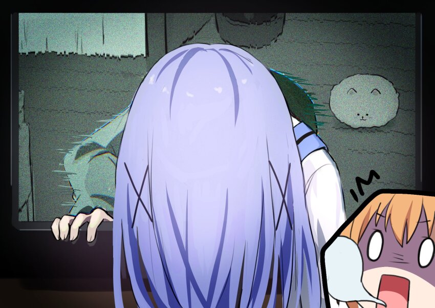 2girls ^^^ angora_rabbit blue_hair commentary_request giving_up_the_ghost gochuumon_wa_usagi_desu_ka? hair_between_eyes hair_ornament hair_over_face highres hoto_cocoa indoors kafuu_chino long_hair long_sleeves looking_at_viewer multiple_girls o_o open_mouth orange_hair parody poteto_furai rabbit scared shaded_face shirt solo_focus static straight_hair television the_ring through_medium through_screen tippy_(gochiusa) upper_body v-shaped_eyebrows white_shirt x_hair_ornament